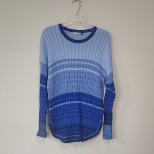 ZAKET & PLOVER Blue Stripe Cotton Cashmere Ribbed Rounded Hem Sweater